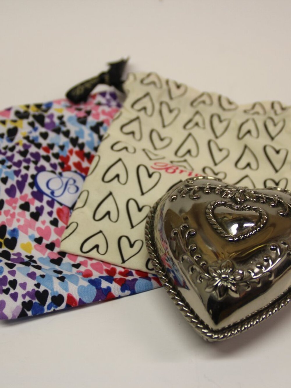 Brighton Trinket Box Heart Shape Silver Hinged Lid. 3.5” X 4” X 1.75” and bags